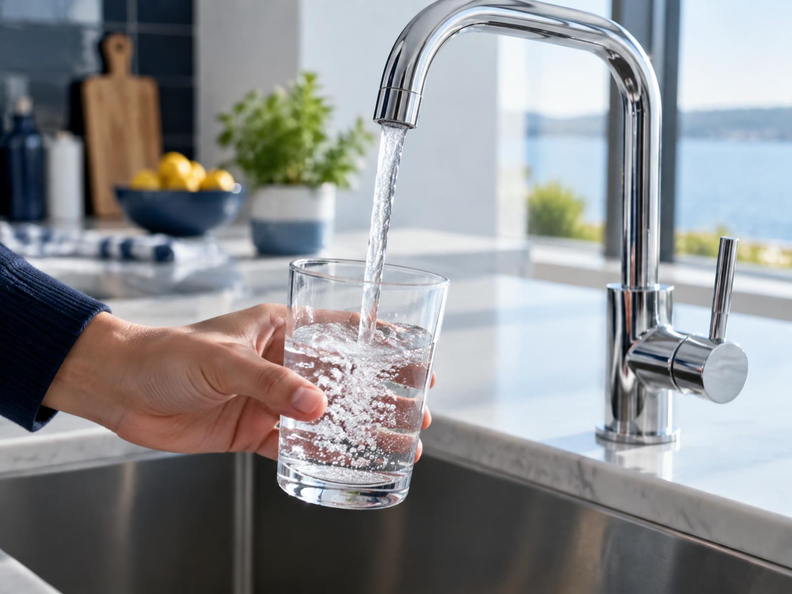 Filtered water pouring from a kitchen faucet into a clear glass